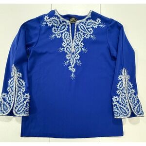 Bob Mackie Wearable Art Royal Blue Embroidered Split Sleeve Top Small 295